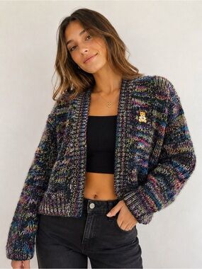 Teddy Fresh Rainbow Speckled Chunky Knit Cardigan S/M Sweater Indie Grunge B1